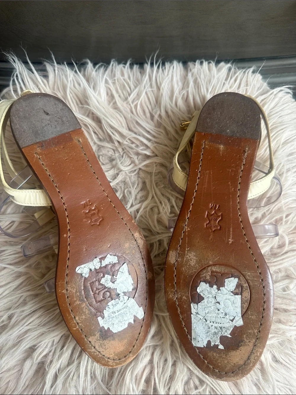 Tory Burch Cream and Clear Bow-Strap Sandals with Gold Logo